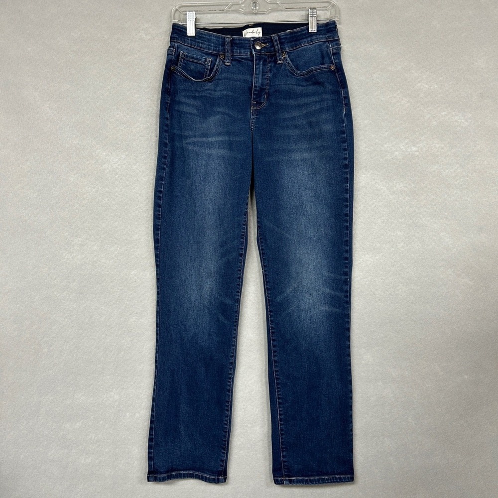 Wonderly Women 4R Straight Jeans Blue Mid-Rise Stretch Elastic Waist Dark Wash